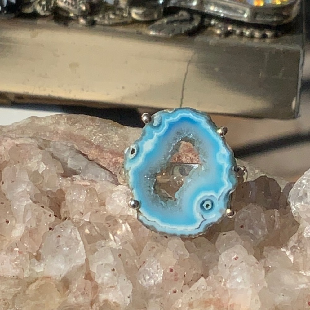 MARINE BLUE DRUZY AGATE GEODE SLICE 925 STERLING SILVER RING, SIZE 7